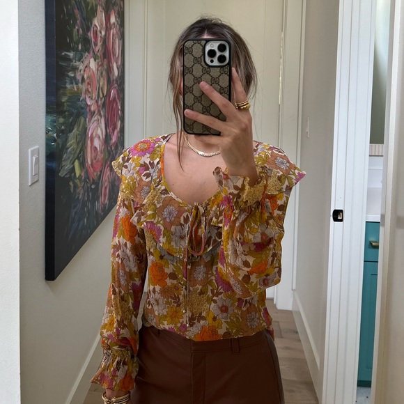 Veronica Beard Kitt Floral Silk Sheer Ruffle Collar Blouse Bell Sleeve Size 2 - Picture 3 of 8